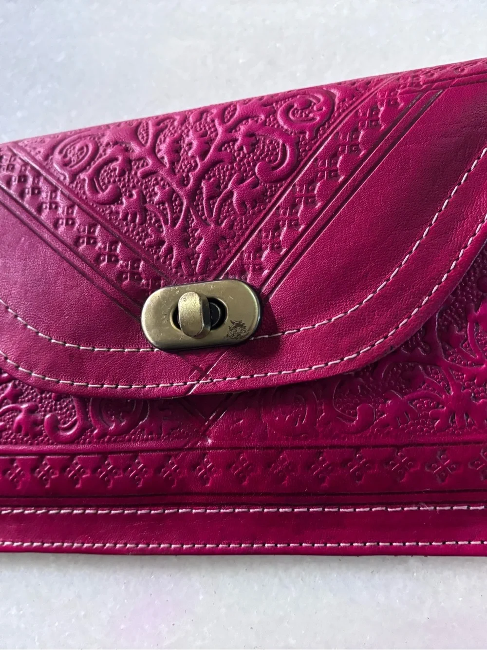 Authentic Moroccan Hand-Tooled Leather Clutch Wallet | Magenta Wristlet